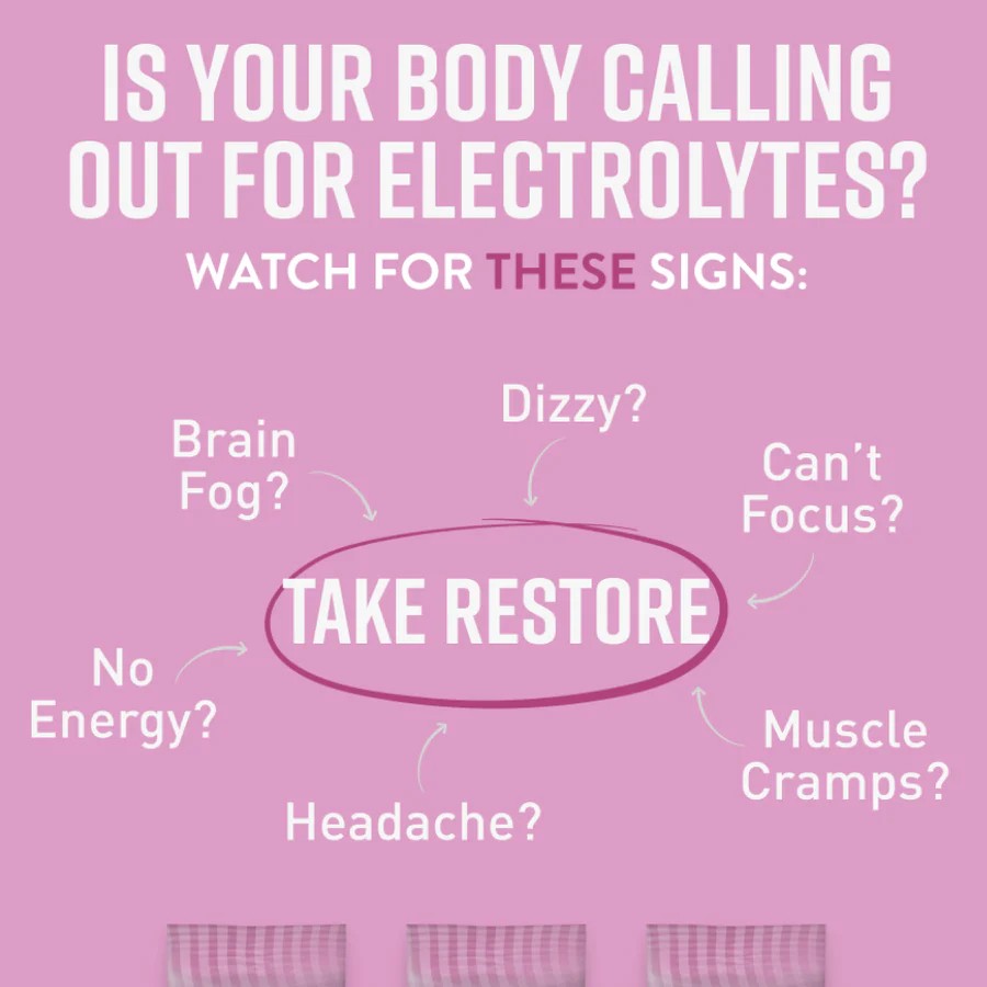 Signs you may need electrolytes—dizziness, brain fog, cramps—prompting “Take Restore” (Mixed Berry).